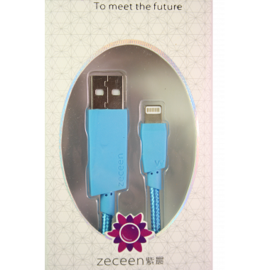 Кабель для iPad/iPhone 5/6 Zeceen, в тканевой обмотке голубой,1.2 м