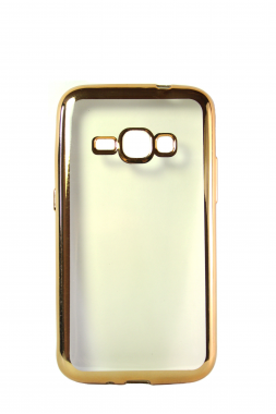 Прозрачный силиконовый чехол с золотым бампером для Samsung J1 2016 (J120)