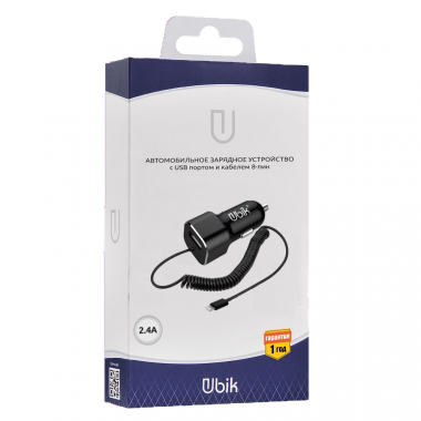 Автомобильное зарядное устройство Ubik UCP12L  с кабелем iPhone 5 (2.4A + 1 USB)