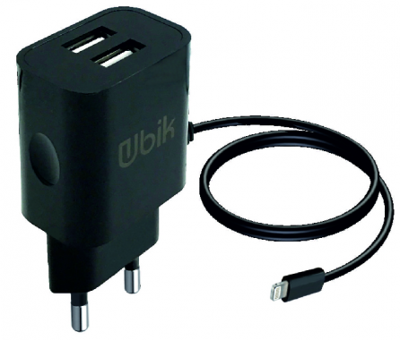 Сетевое зарядное устройство Ubik UHS22L с встроенным кабелем Lightning (2100 mA + 2 USB), цвет черный