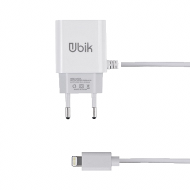 Сетевое зарядное устройство Ubik UHS22L с встроенным кабелем Lightning (2100 mA + 2 USB), цвет белый