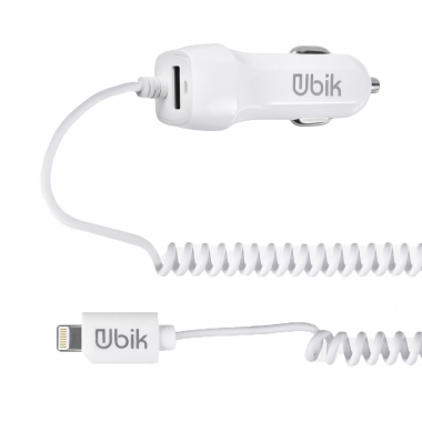 Автомобильное зарядное устройство Ubik UCS12L с кабелем iPhone (2.1A + 1 USB), цвет белый