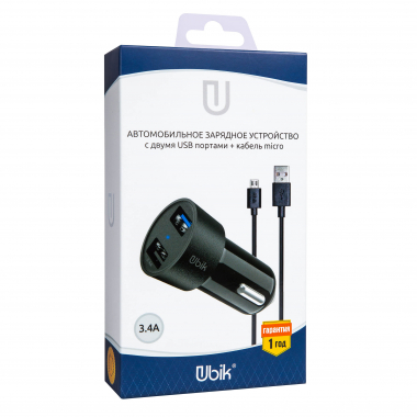 Автомобильное зарядное устройство Ubik UCP23M с кабелем micro USB (3.4A + 2 USB), цвет черный
