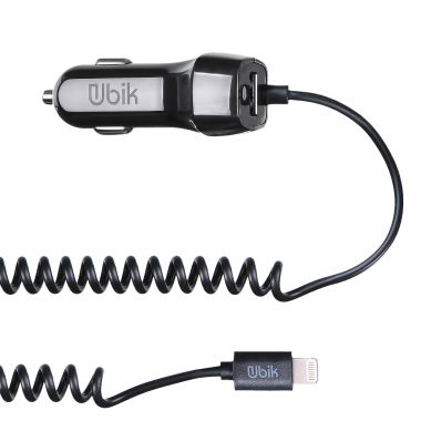 Автомобильное зарядное устройство Ubik UCS12L с кабелем iPhone (2.1A + 1 USB), цвет черный