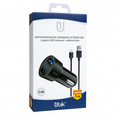 Автомобильное зарядное устройство Ubik UCP23L с кабелем iPhone (3.4A + 2 USB), цвет черный